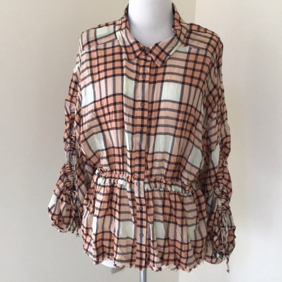 NWT! FREE PEOPLE size L plaid peach combo peplum top - Picture 2 of 8
